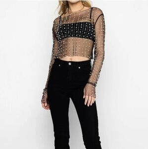 Rhinestone Pearl Embellished Mesh Crop Top Medium Black
